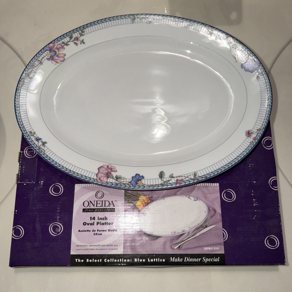 Oneida 14" x 10" Blue Lattice Porcelain Floral Oval Platter Set Of 2 Cottagecore